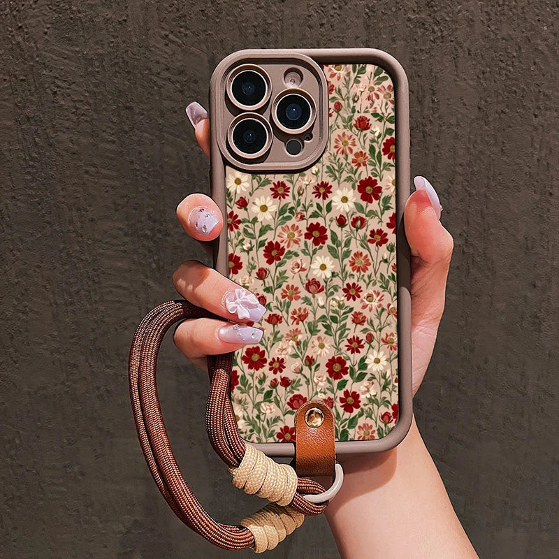 Flower Pattern Lanyard Strap iPhone Case | Silicone Soft Cover iPhone 7–17 Pro Max