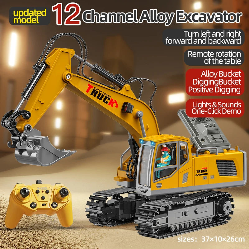 Alloy RC Excavator Toy 9-Channel | LED Lights Sound Electric Engineering Vehicle Gift