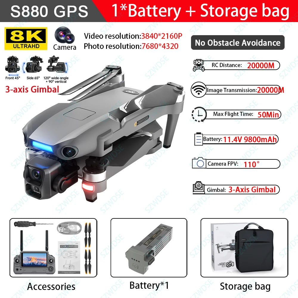 S880 Max Fishing GPS Drone 8K 3-Axis Gimbal | 5G FPV Obstacle Avoidance Airdrop