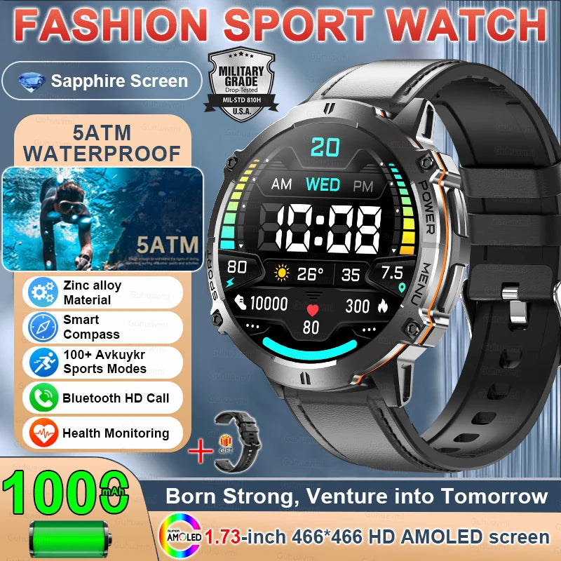 2025 Military GPS Smart Watch 1.73" AMOLED | 1000mAh Compass 5ATM BT Call Men