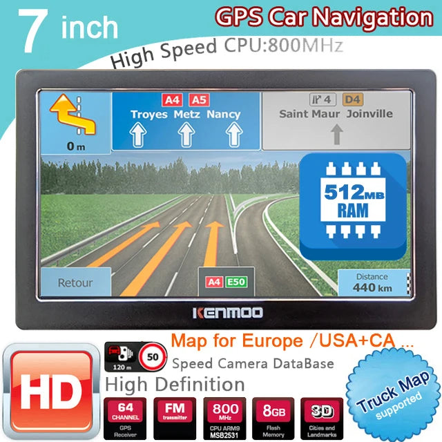 KKENMOO 7" HD GPS Navigator 512MB | 2026 Europe Russia Free Lifetime Updates