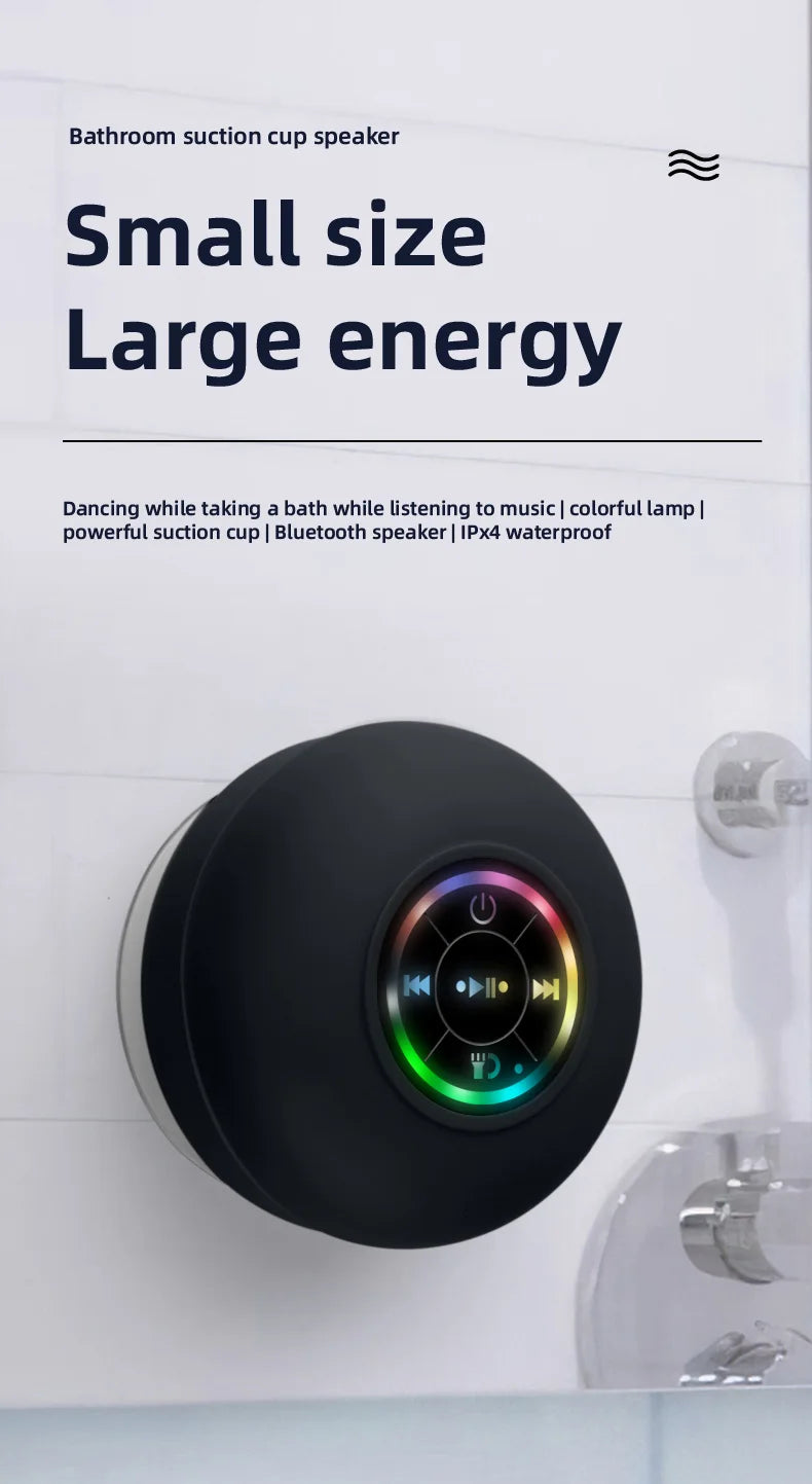 Waterproof Bluetooth Shower Speaker | Suction Cup LED Lights 3D Surround Subwoofer