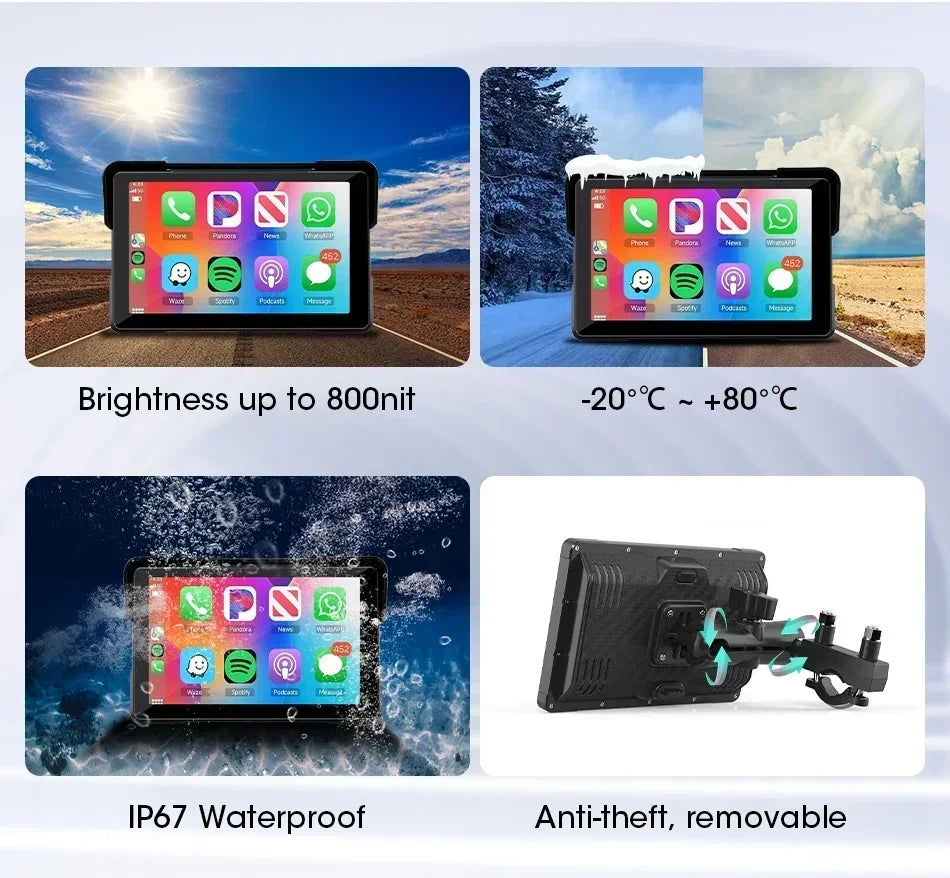 Jansite 5"/7" Motorcycle GPS DVR CarPlay | IPX7 Waterproof Wireless Android Auto