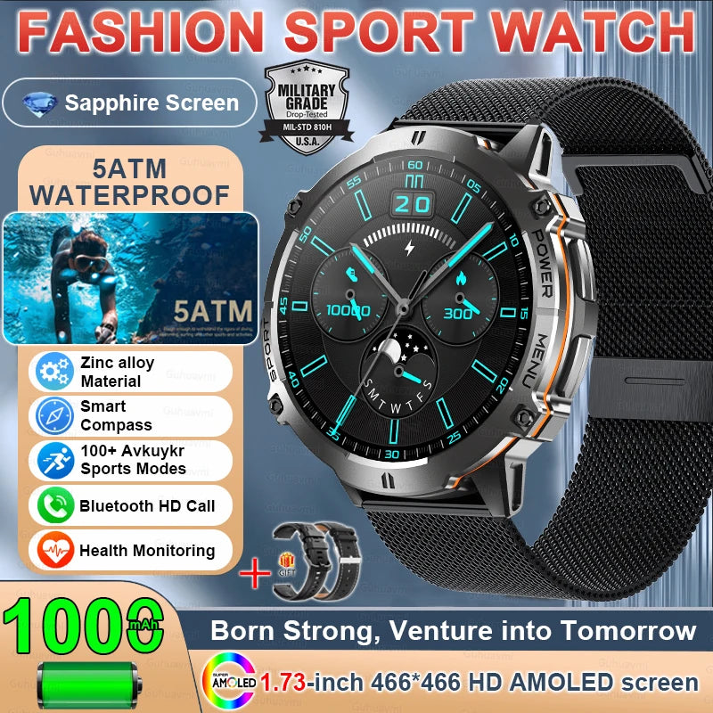 2025 Military GPS Smart Watch 1.73" AMOLED | 1000mAh Compass 5ATM BT Call Men