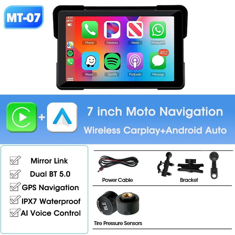 Jansite 5"/7" Motorcycle GPS DVR CarPlay | IPX7 Waterproof Wireless Android Auto