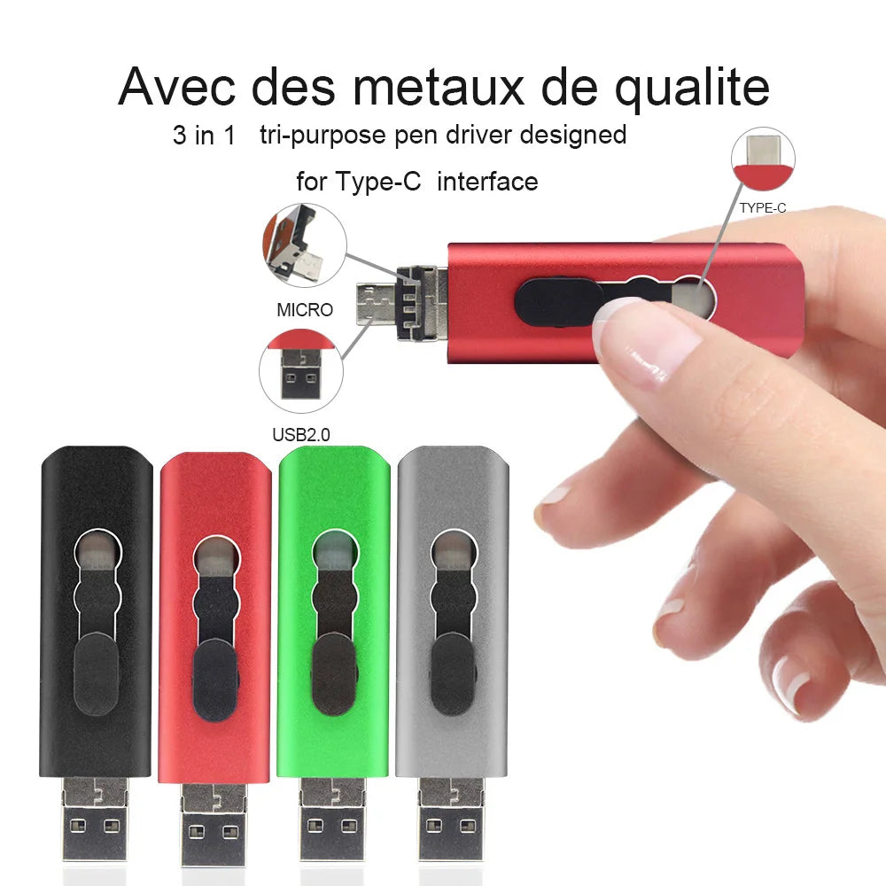 KFHIREW 3-in-1 OTG USB Flash Drive | USB 2.0 + Type-C + Micro USB | 8GB–128GB