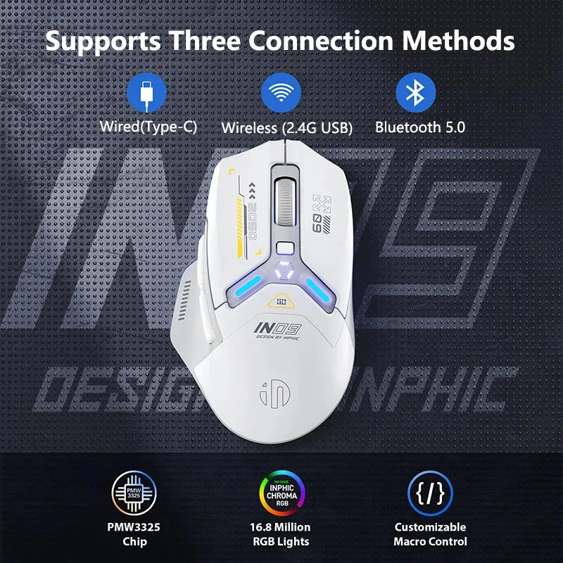 Inphic IN9 Wireless Gaming Mouse | PAW3311 Bluetooth RGB Rechargeable