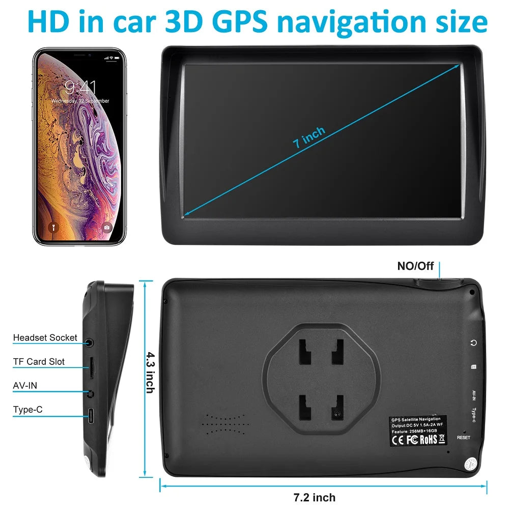 KMDRIVE 7" GPS Car Truck Navigator | 256M 16GB Type-C Charging Free Maps