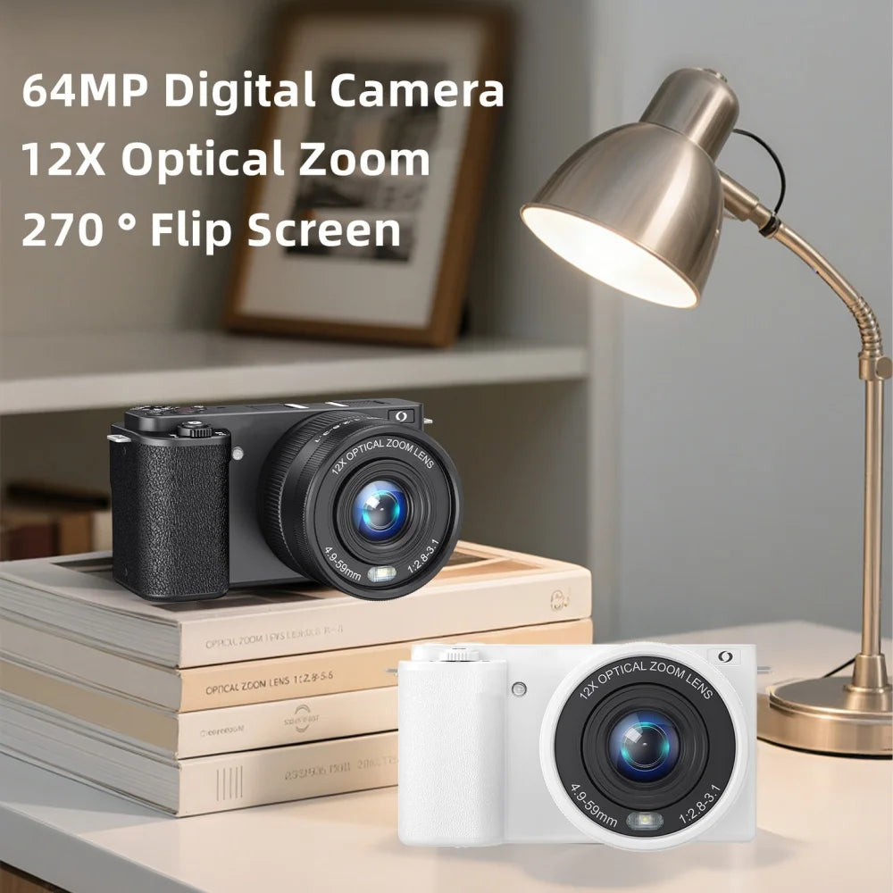 4K 64MP Digital Camera 12X Optical Zoom | Flip Screen Vlog Camcorder Livestream