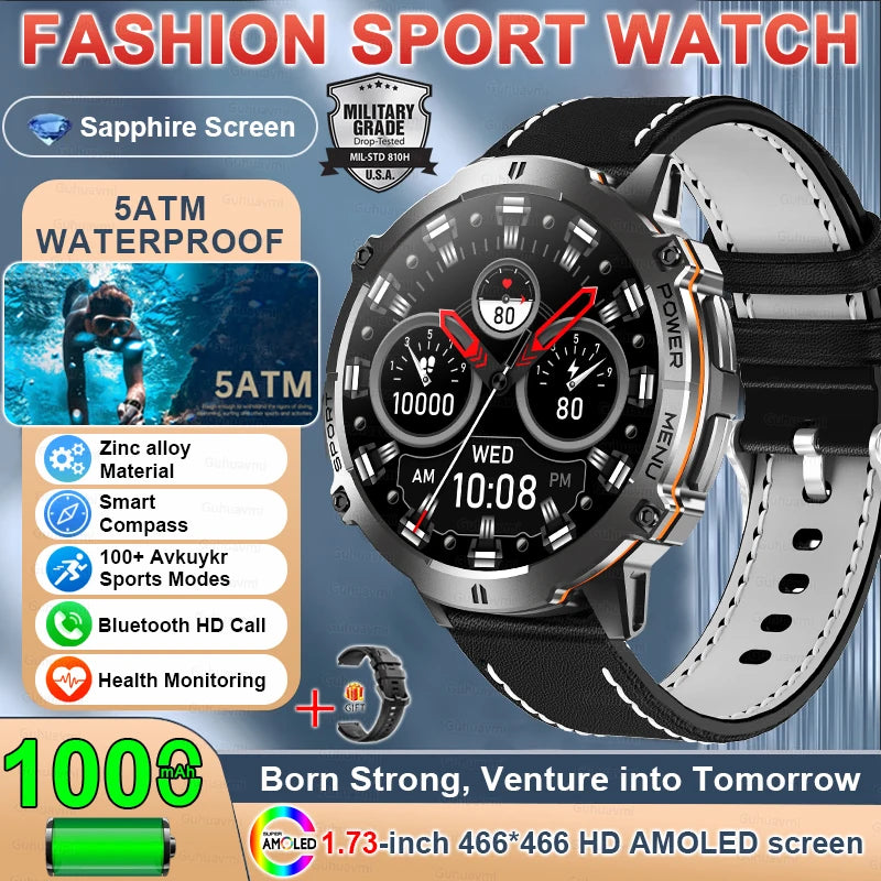 2025 Military GPS Smart Watch 1.73" AMOLED | 1000mAh Compass 5ATM BT Call Men