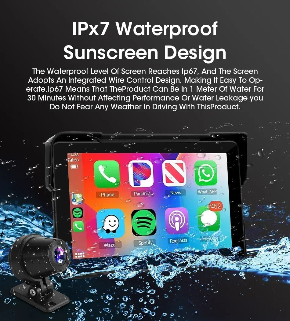 Jansite 5"/7" Motorcycle GPS DVR CarPlay | IPX7 Waterproof Wireless Android Auto