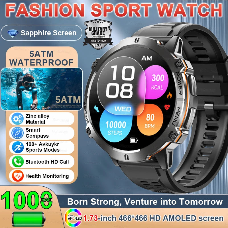 2025 Military GPS Smart Watch 1.73" AMOLED | 1000mAh Compass 5ATM BT Call Men