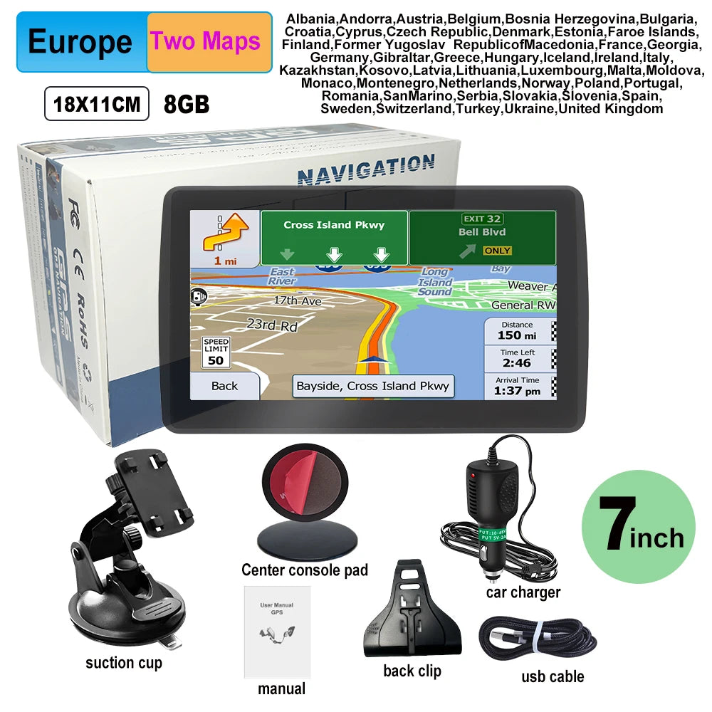7" GPS Car Truck Navigator 2024 | Europe + North America Free Maps FM Music 8GB