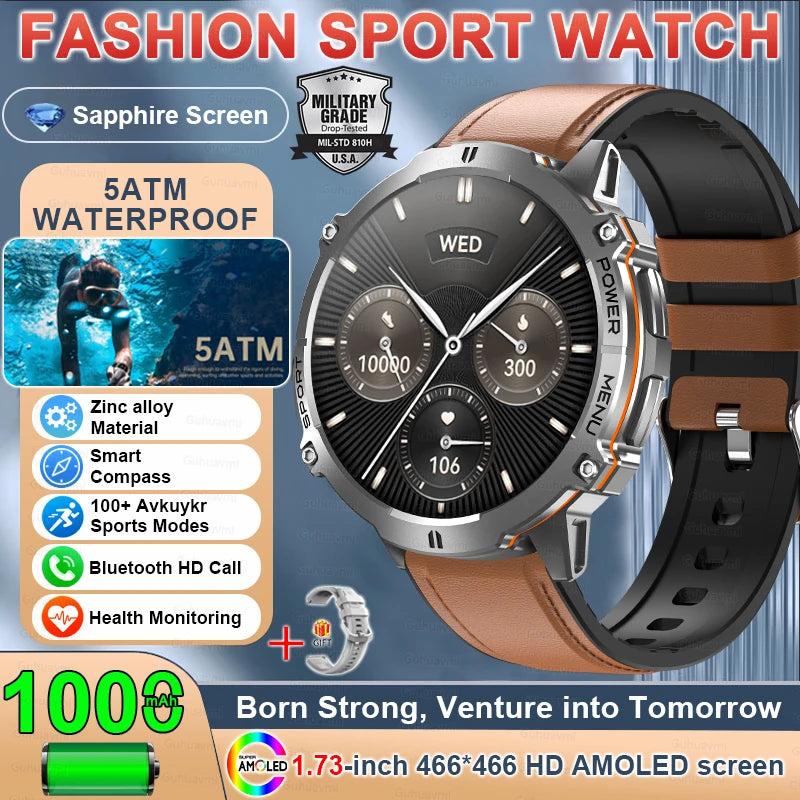 2025 Military GPS Smart Watch 1.73" AMOLED | 1000mAh Compass 5ATM BT Call Men