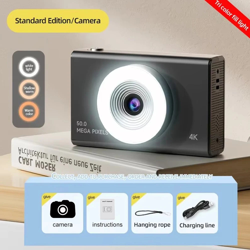 4K CCD Digital Camera 48MP 8X Zoom | 180° Flip Screen Selfie Compact Camera