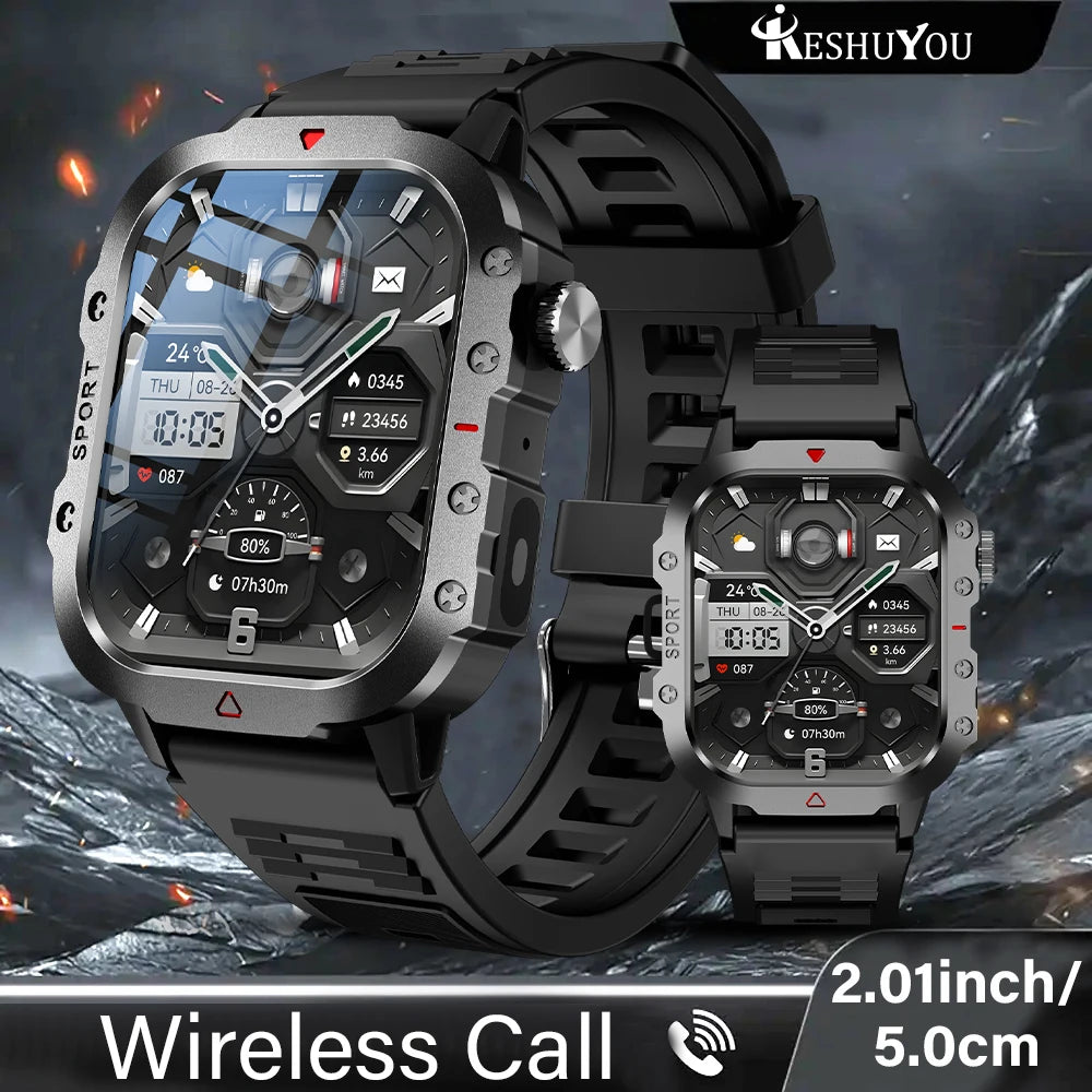 KESHUYOU Outdoor Sports Smart Watch 2.01" HD | LED Flashlight BT Call Men Women