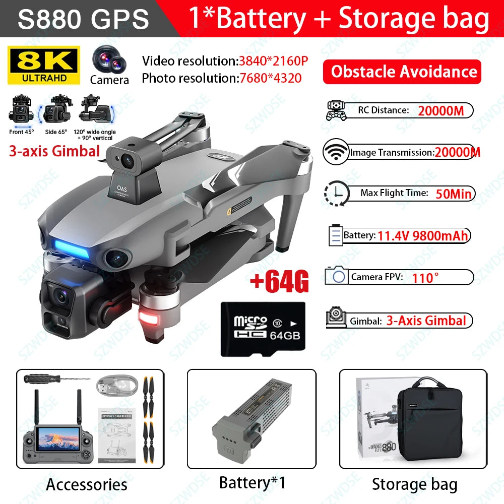 S880 Max Fishing GPS Drone 8K 3-Axis Gimbal | 5G FPV Obstacle Avoidance Airdrop