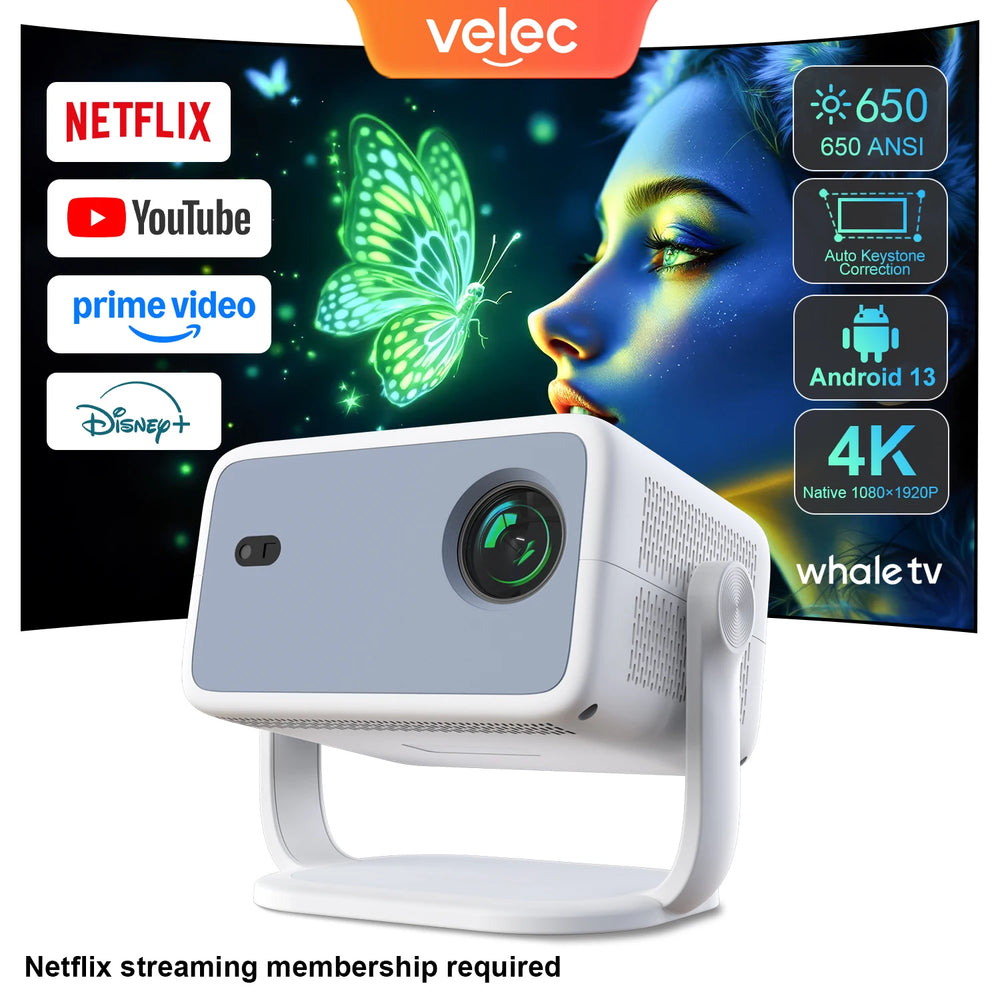 Velec TP350 NTV Projector Netflix 650ANSI | Android 13 Native 1080P Auto Focus