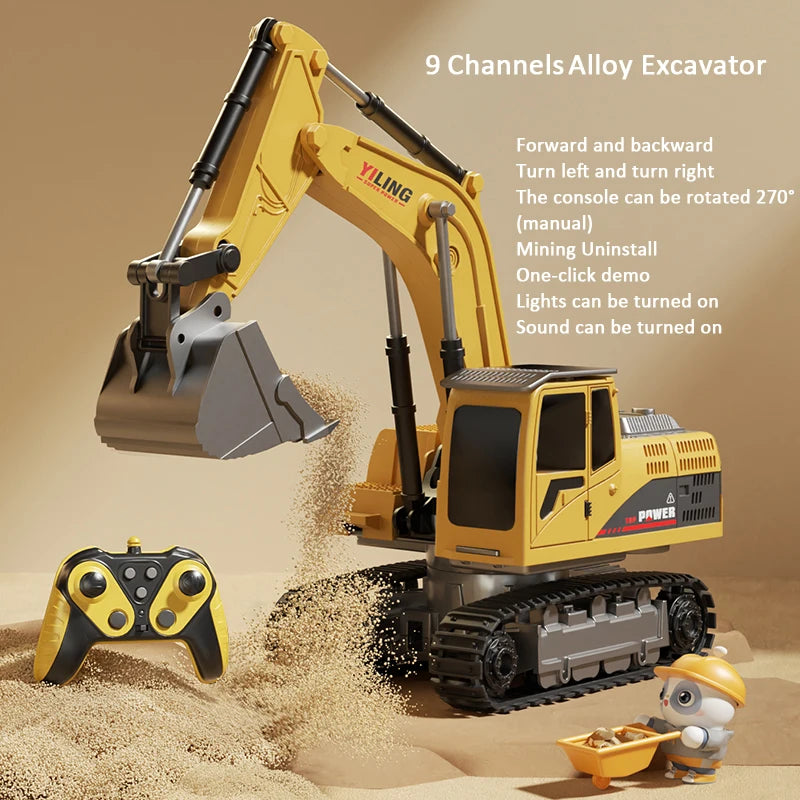 Alloy RC Excavator Toy 9-Channel | LED Lights Sound Electric Engineering Vehicle Gift