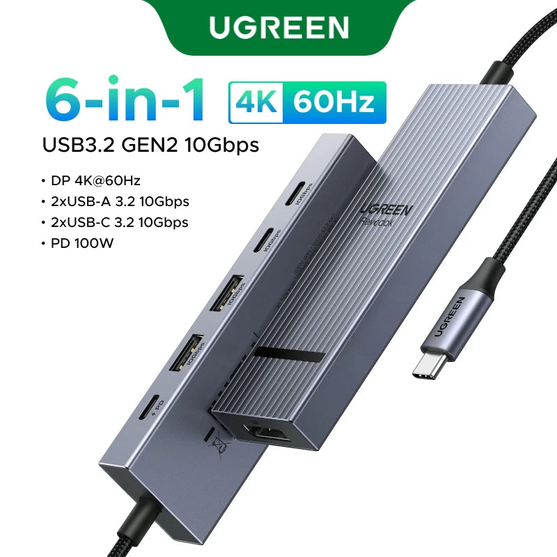 UGREEN 6-in-1 USB-C Hub DP 4K120Hz | 2×HDMI 4K60Hz SD TF RJ45 USB3.2 Gen2