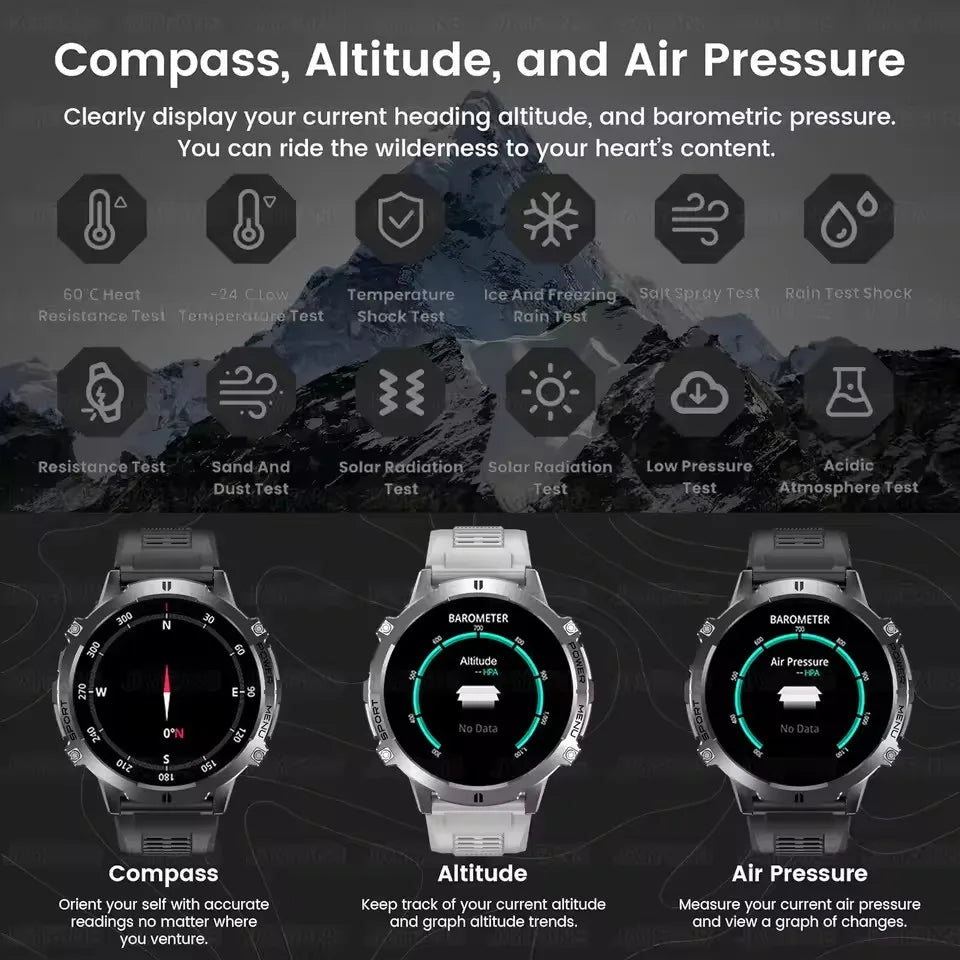 2025 Military GPS Smart Watch 1.73" AMOLED | 1000mAh Compass 5ATM BT Call Men