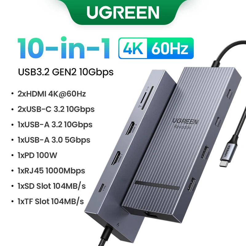 UGREEN 6-in-1 USB-C Hub DP 4K120Hz | 2×HDMI 4K60Hz SD TF RJ45 USB3.2 Gen2
