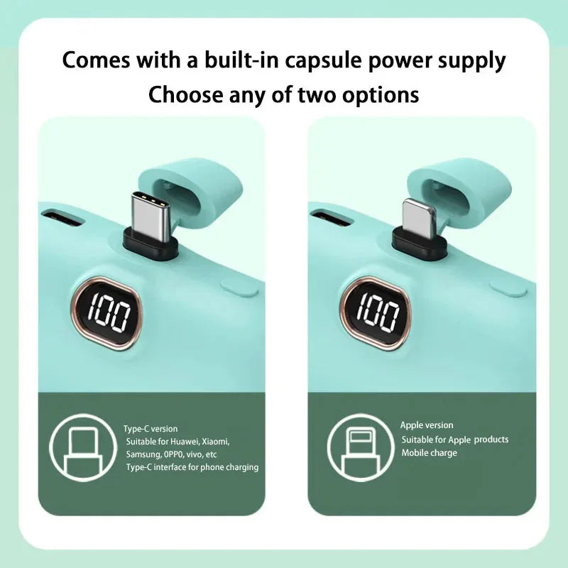 LIEI Mini Capsule Power Bank 5000/10000mAh | Built-In Cable Fast Charge iPhone Type-C