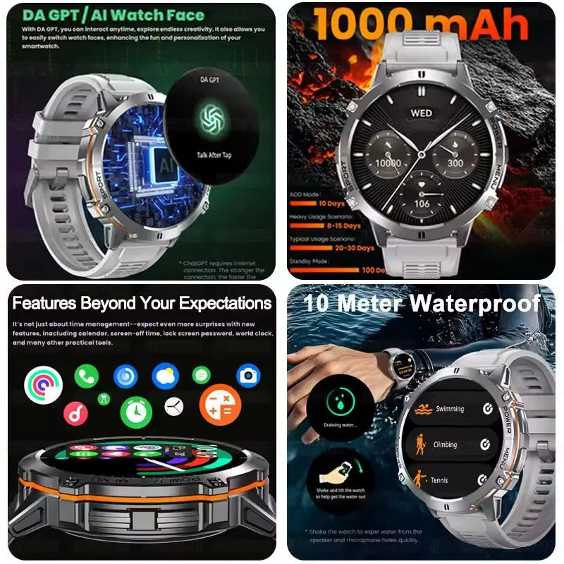 2025 Military GPS Smart Watch 1.73" AMOLED | 1000mAh Compass 5ATM BT Call Men
