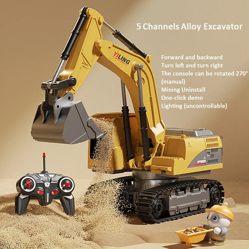 Alloy RC Excavator Toy 9-Channel | LED Lights Sound Electric Engineering Vehicle Gift