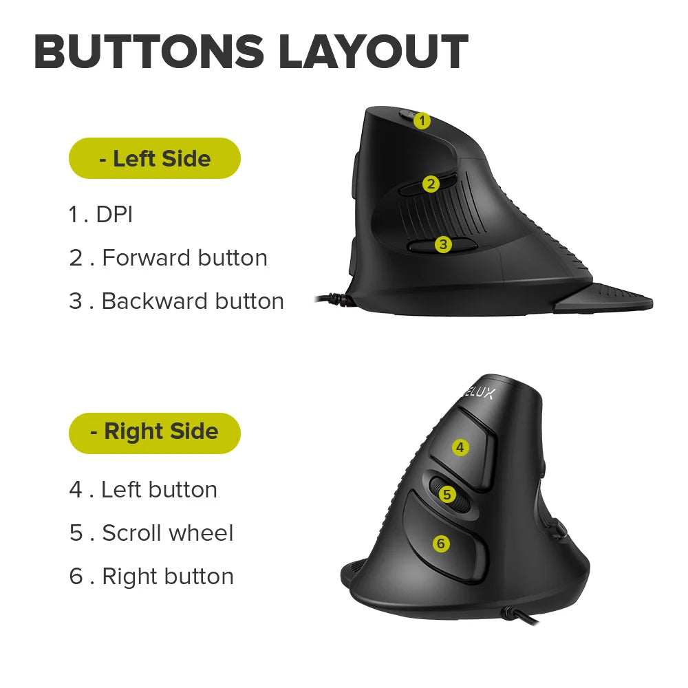 Delux M618 BU Ergonomic Vertical Mouse | 6 Buttons 800/1200/1600 DPI + Wrist Mat