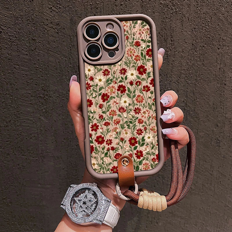 Flower Pattern Lanyard Strap iPhone Case | Silicone Soft Cover iPhone 7–17 Pro Max