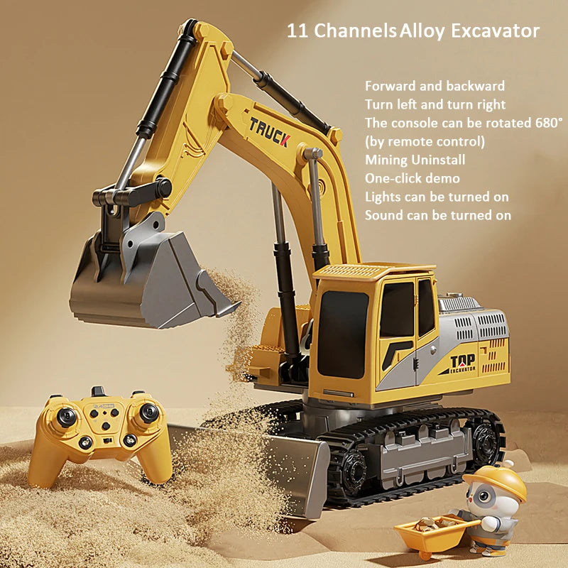 Alloy RC Excavator Toy 9-Channel | LED Lights Sound Electric Engineering Vehicle Gift
