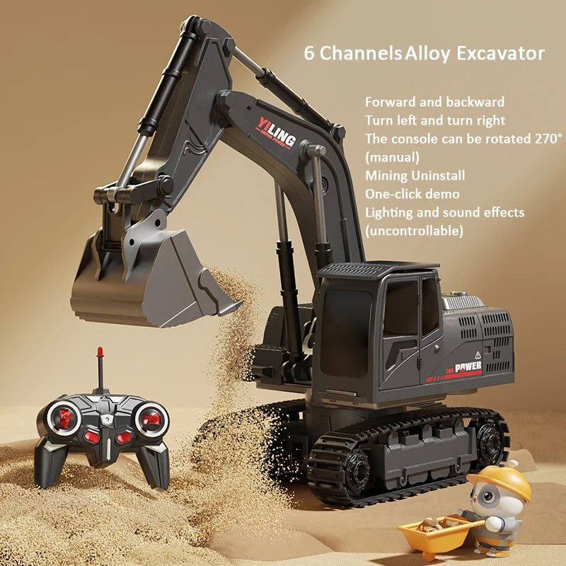 Alloy RC Excavator Toy 9-Channel | LED Lights Sound Electric Engineering Vehicle Gift