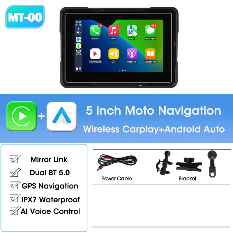 Jansite 5"/7" Motorcycle GPS DVR CarPlay | IPX7 Waterproof Wireless Android Auto