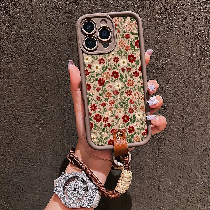 Flower Pattern Lanyard Strap iPhone Case | Silicone Soft Cover iPhone 7–17 Pro Max