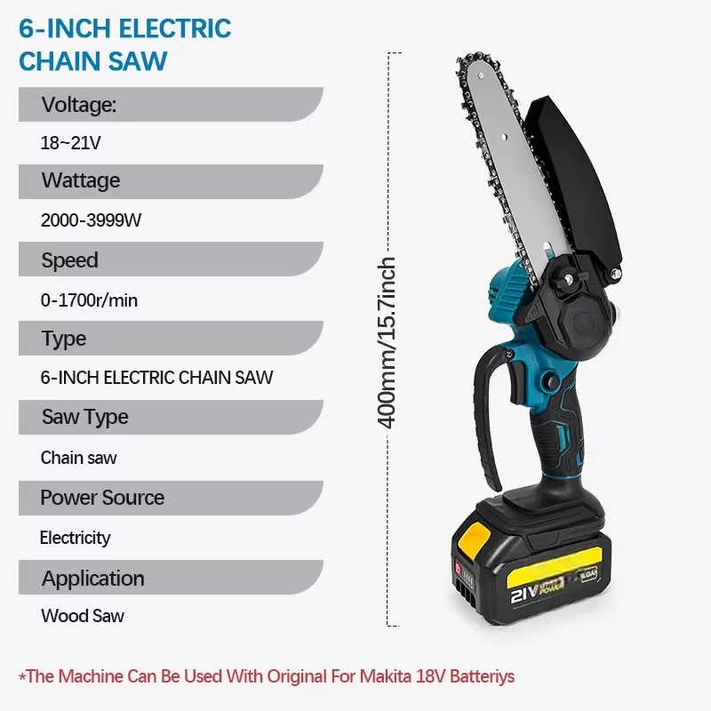6" Mini Electric Chainsaw 1700RPM | One-Hand Portable Fit 18V Makita Battery