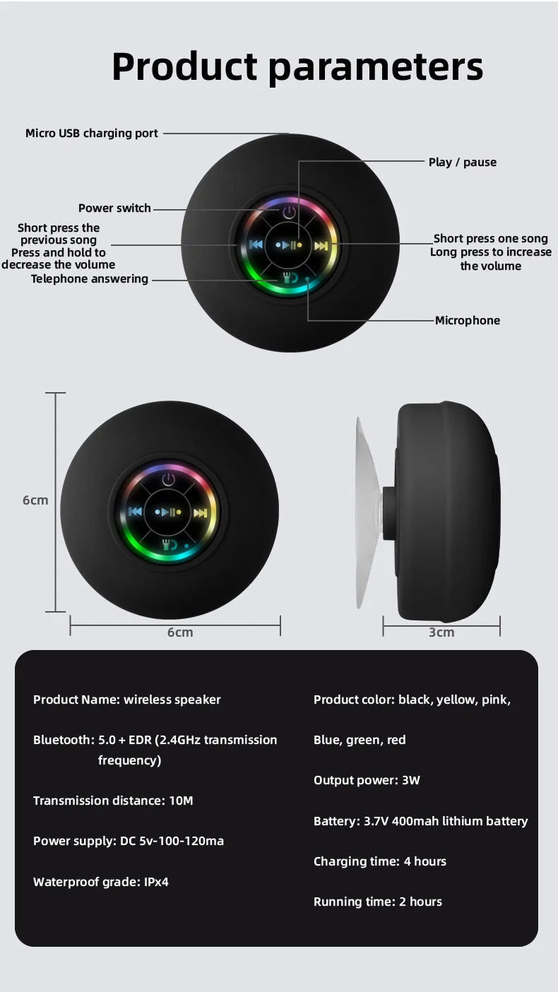 Waterproof Bluetooth Shower Speaker | Suction Cup LED Lights 3D Surround Subwoofer