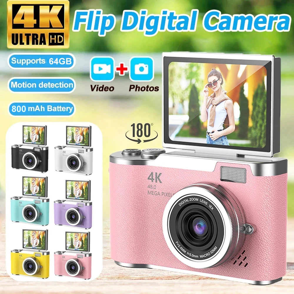 4K CCD Digital Camera 48MP 8X Zoom | 180° Flip Screen Selfie Compact Camera