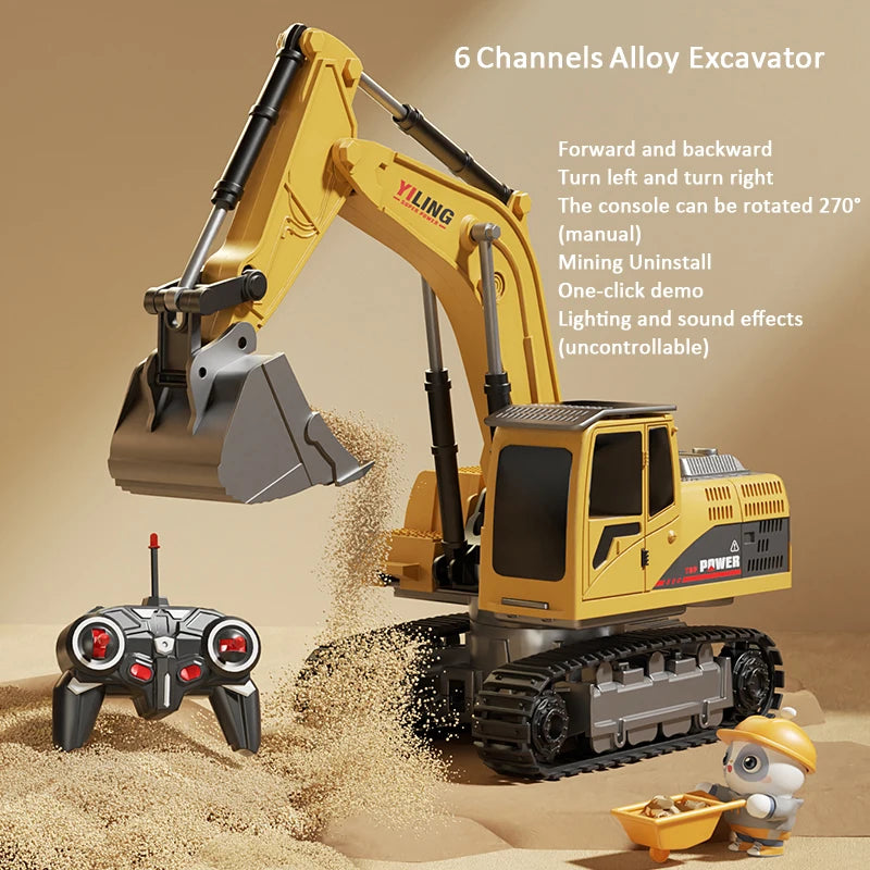 Alloy RC Excavator Toy 9-Channel | LED Lights Sound Electric Engineering Vehicle Gift