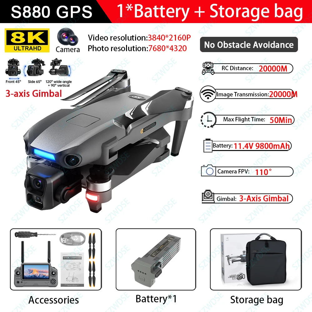 S880 Max Fishing GPS Drone 8K 3-Axis Gimbal | 5G FPV Obstacle Avoidance Airdrop