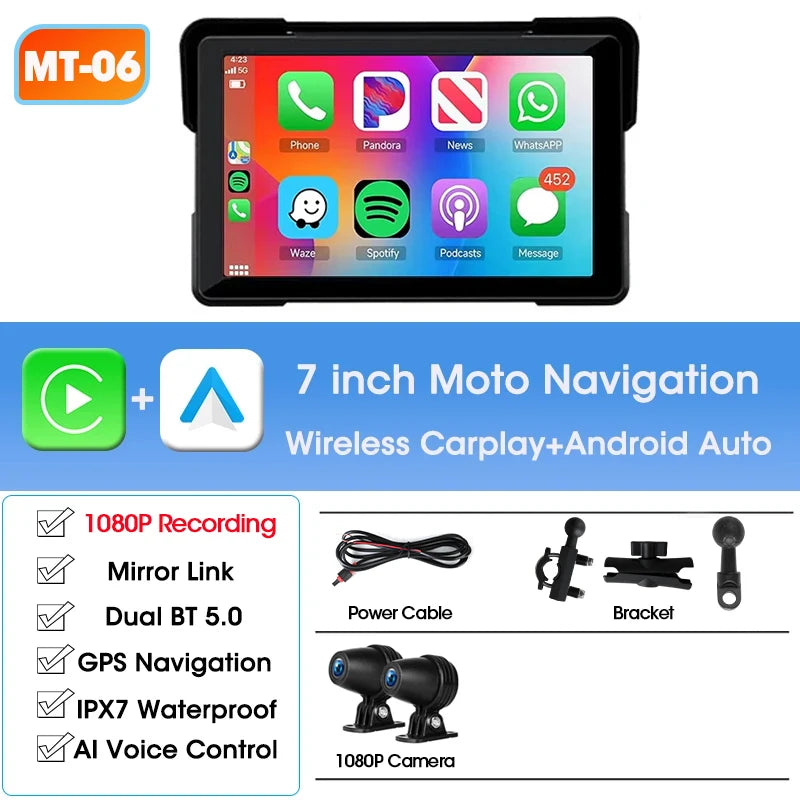 Jansite 5"/7" Motorcycle GPS DVR CarPlay | IPX7 Waterproof Wireless Android Auto